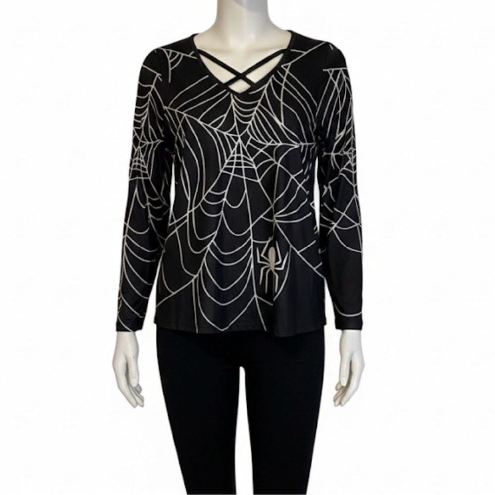 ROSHOP Spiderweb Print Top, Women’s M, Black White